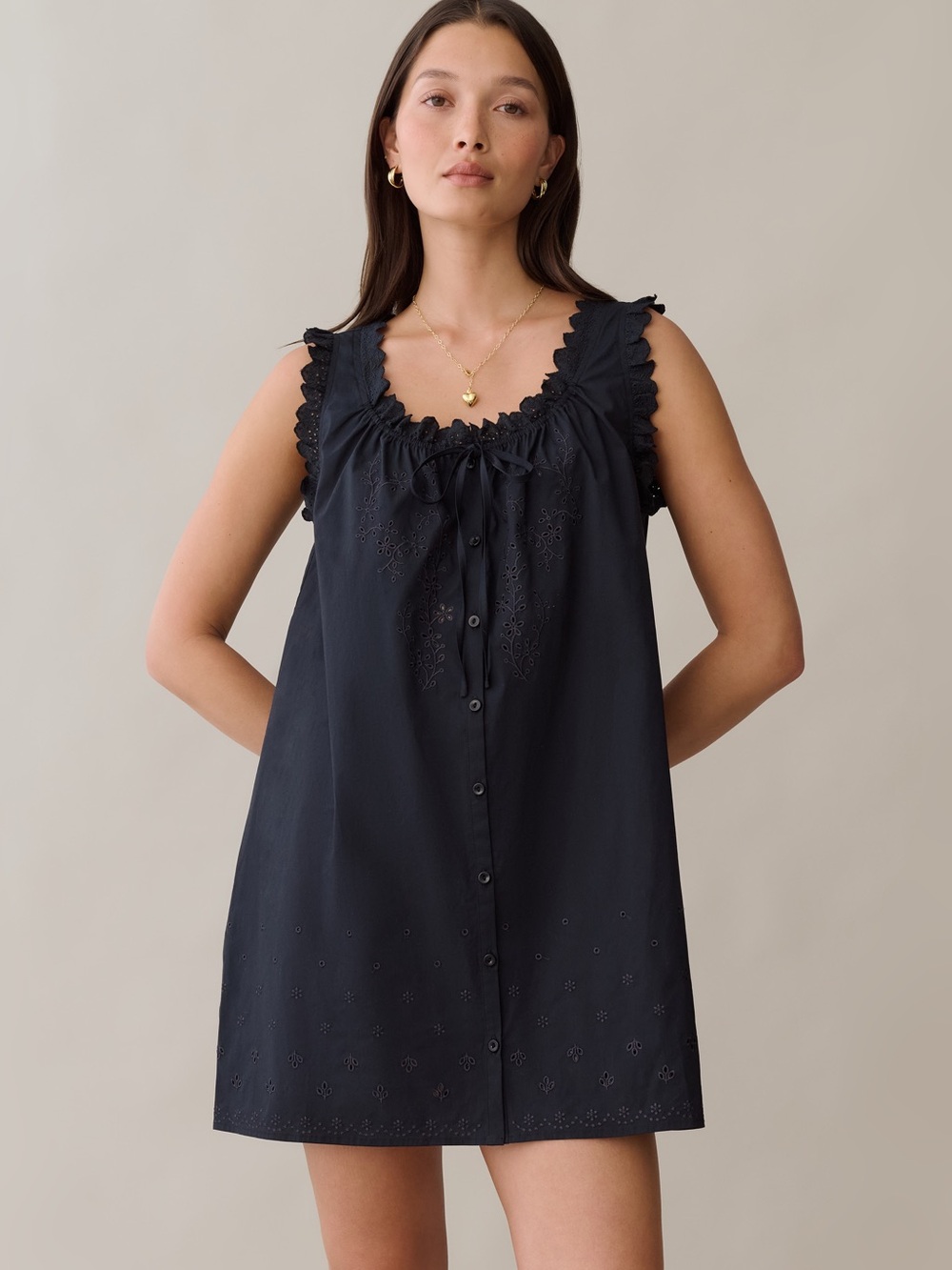 Sorella Caroline Black Cotton Eyelet Embroidered Mini Dress L NWT